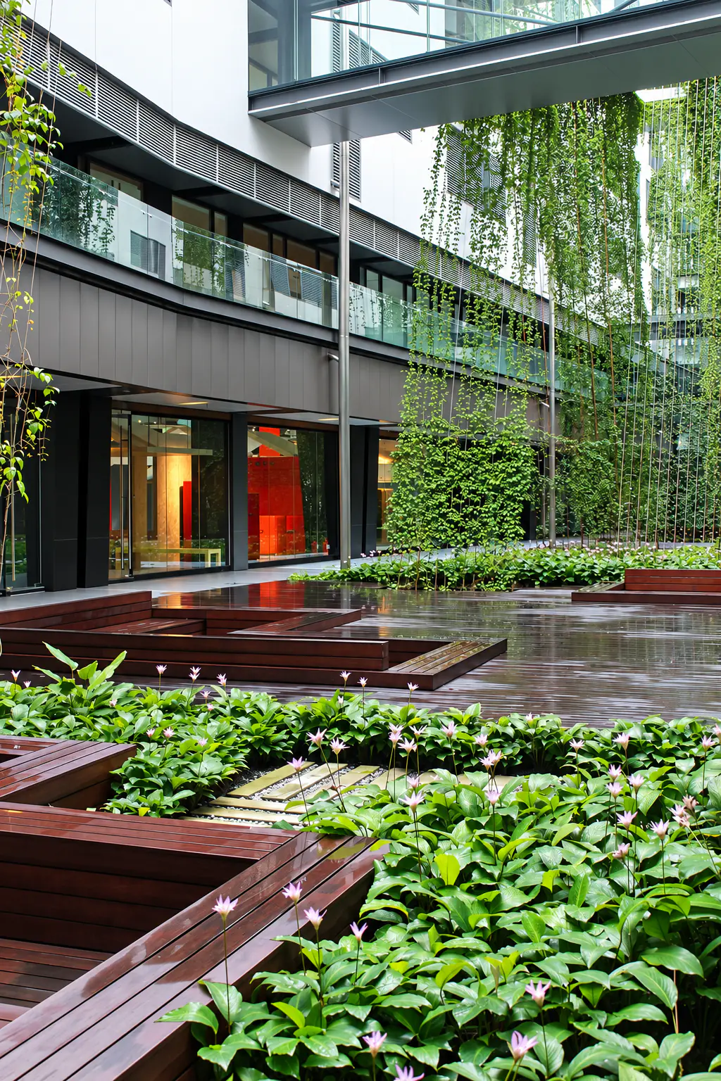 Timber benches among flowering plants in the courtyard after rain