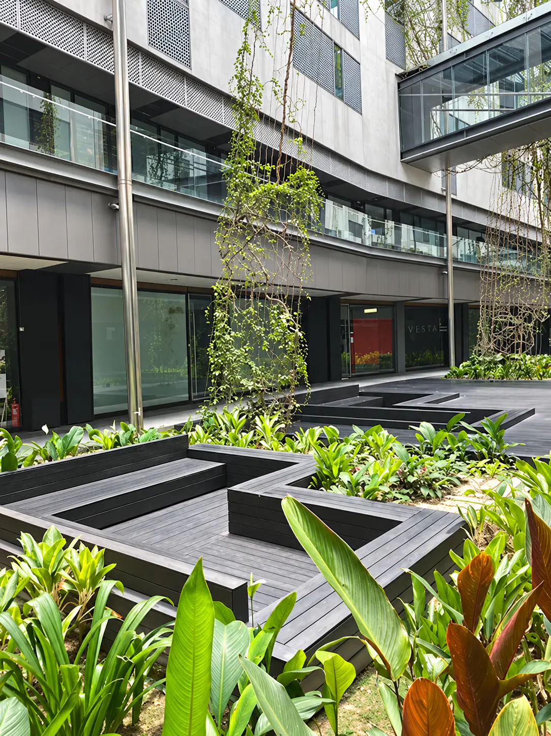 Sunken timber seating surrounded by tropical plants